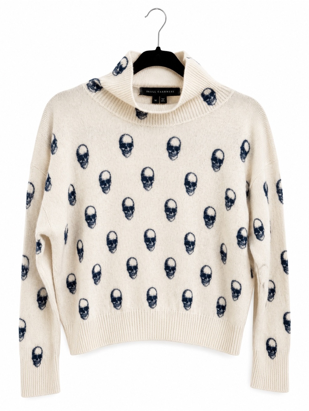 Skull Cashmere Cream Turtleneck Sweater with Navy Skull Motif